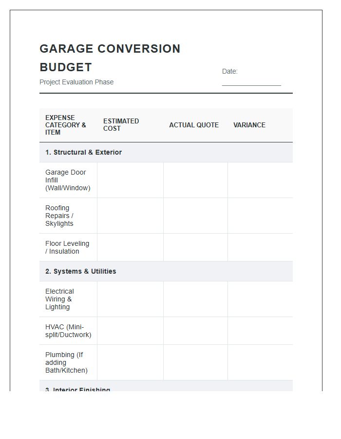 Garage Conversion Project Printable Budget Evaluation Chart