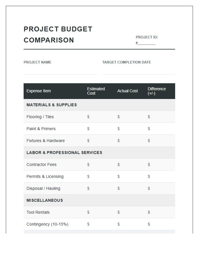 Home Improvement Printable Project Budget Comparison Chart