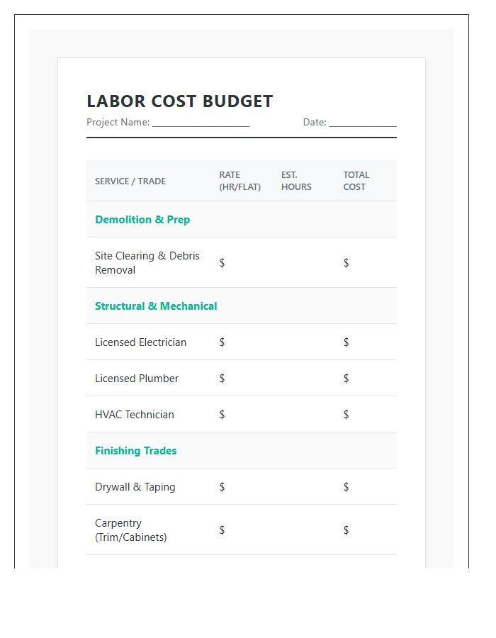 Home Renovation Labor Cost Printable Budget Chart