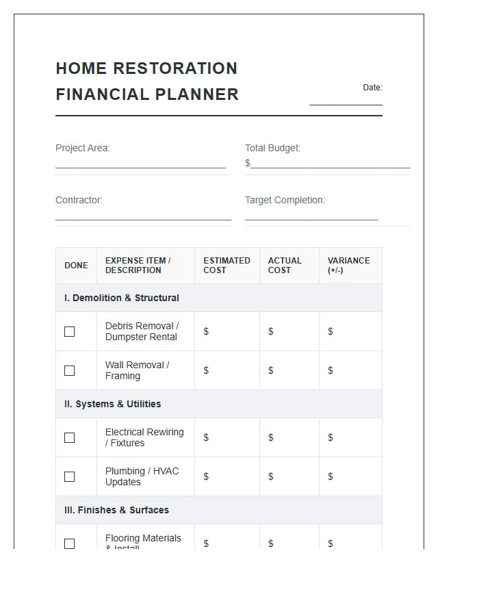 Home Restoration Project Printable Financial Planning Chart