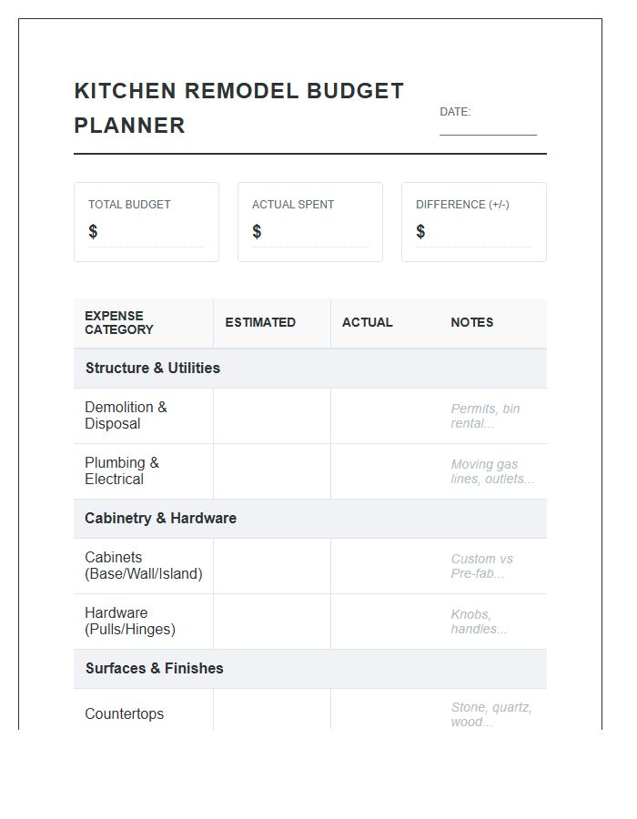 Kitchen Remodel Printable Budget Planning Chart