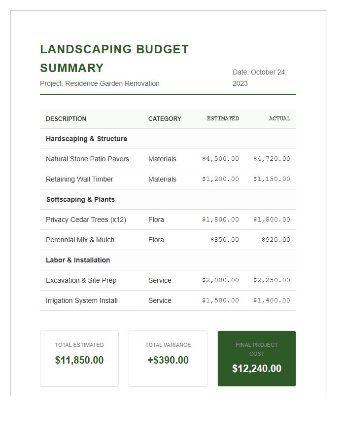 Landscaping Project Printable Budget Summary Chart