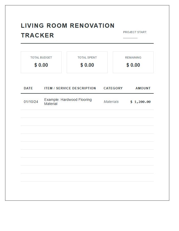 Living Room Renovation Printable Spending Tracker Chart