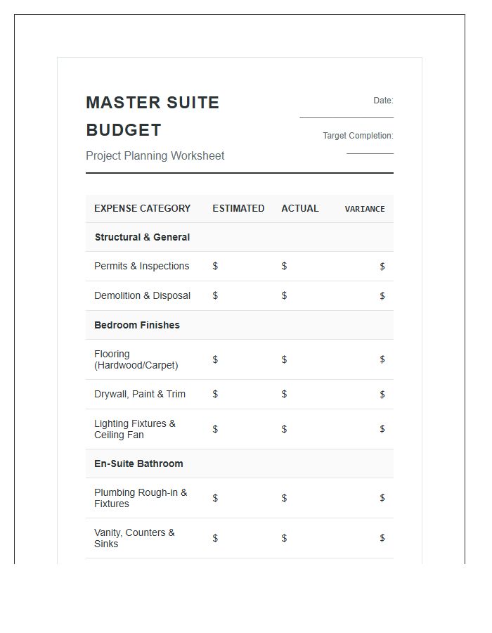 Master Suite Remodel Printable Budget Breakdown Chart