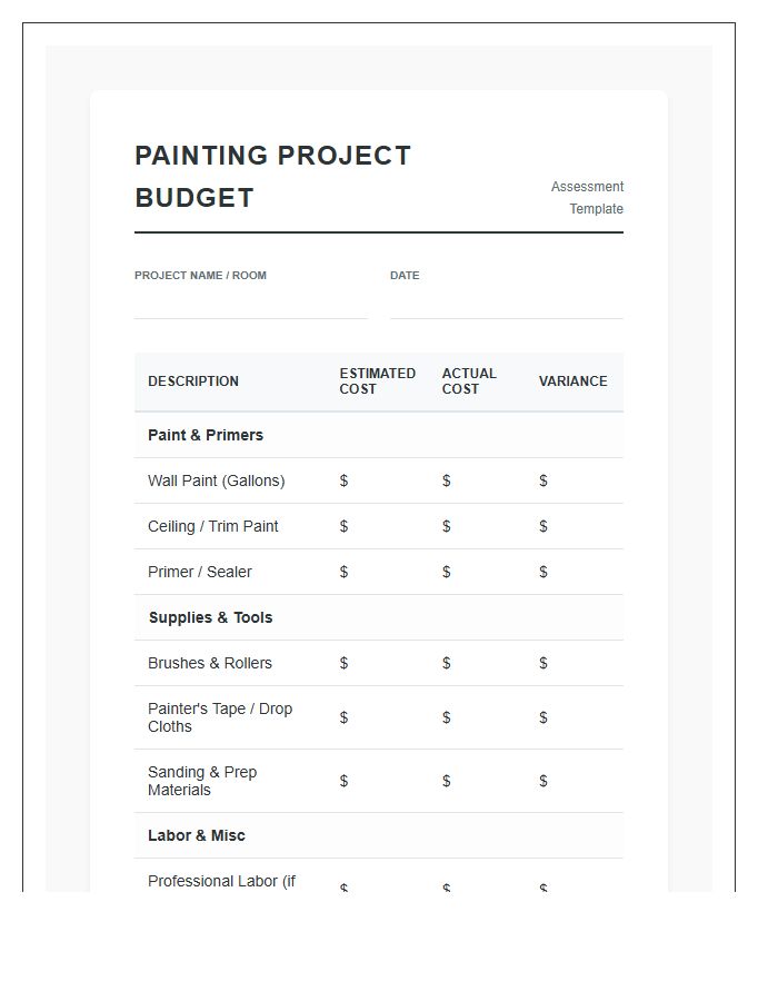 Painting Project Printable Budget Assessment Chart