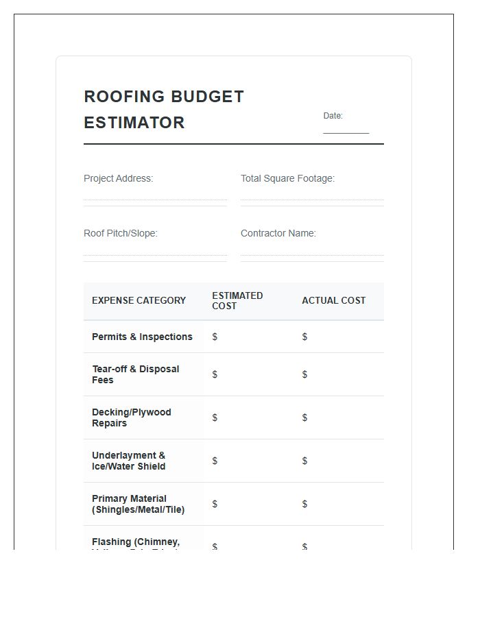 Roofing Replacement Printable Budget Estimator Chart