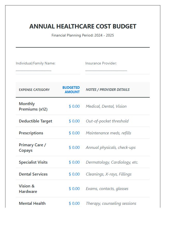 Annual Healthcare Cost Printable Budget Chart