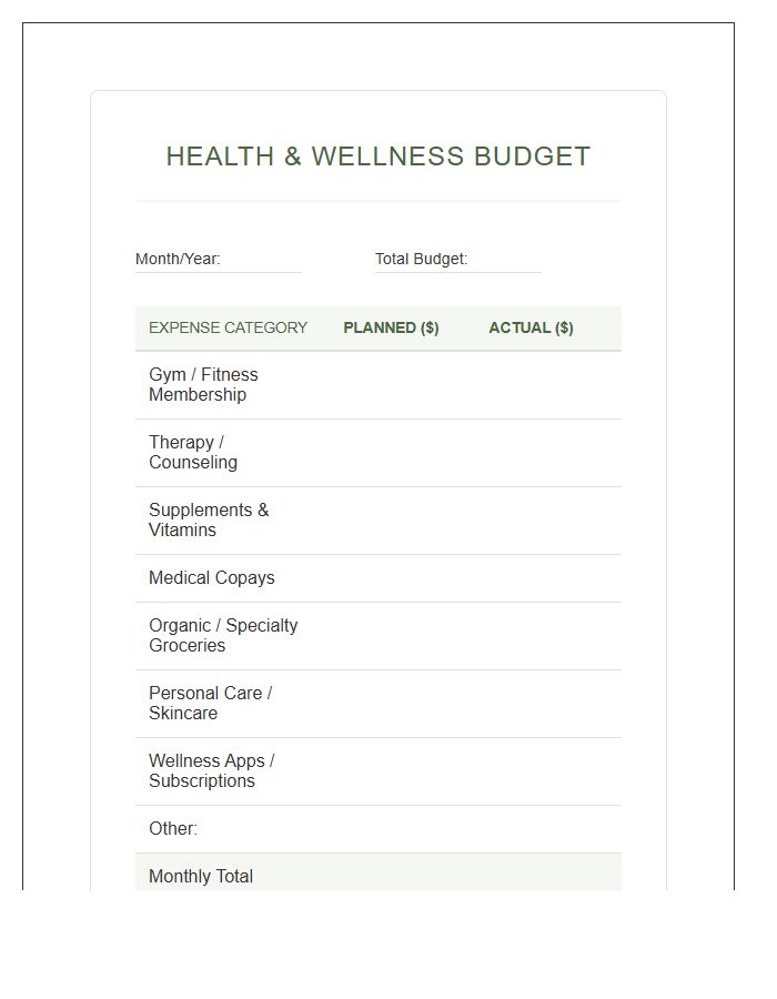 Health Wellness Spending Printable Budget Chart