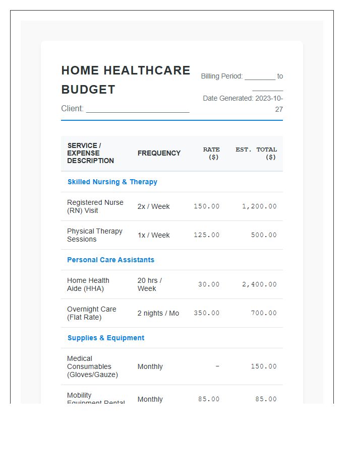 Home Healthcare Billing Printable Budget Chart
