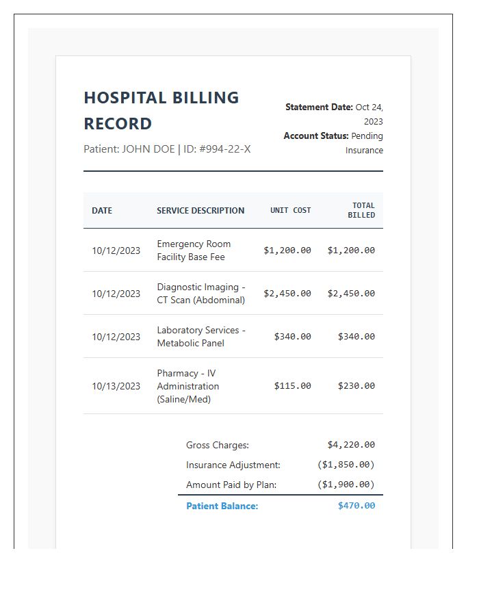 Hospital Billing Record Printable Budget Chart