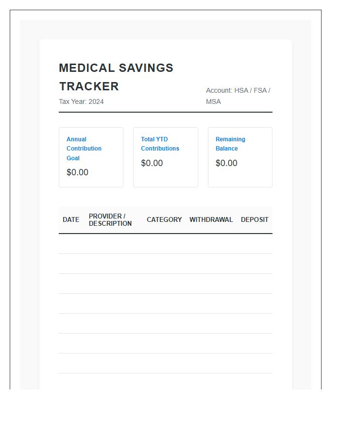 Medical Savings Account Printable Budget Chart