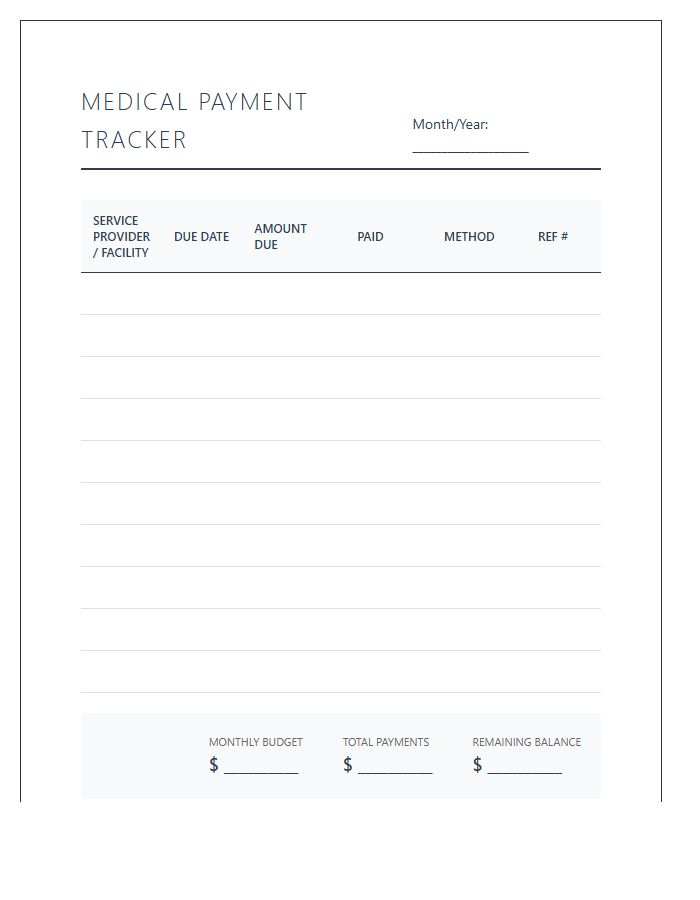 Monthly Medical Payment Printable Budget Chart