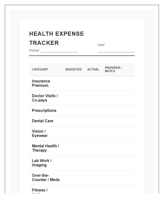 Personal Health Expense Printable Budget Chart