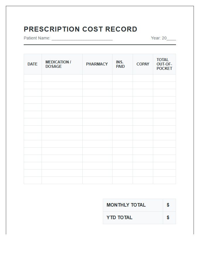 Prescription Cost Record Printable Budget Chart