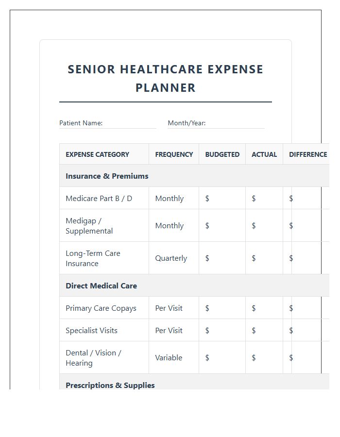 Senior Healthcare Expense Printable Budget Chart