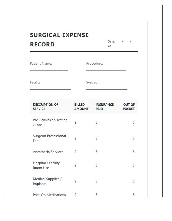 Surgical Expense Record Printable Budget Chart