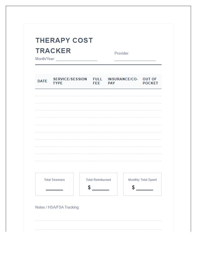 Therapy Cost Tracking Printable Budget Chart