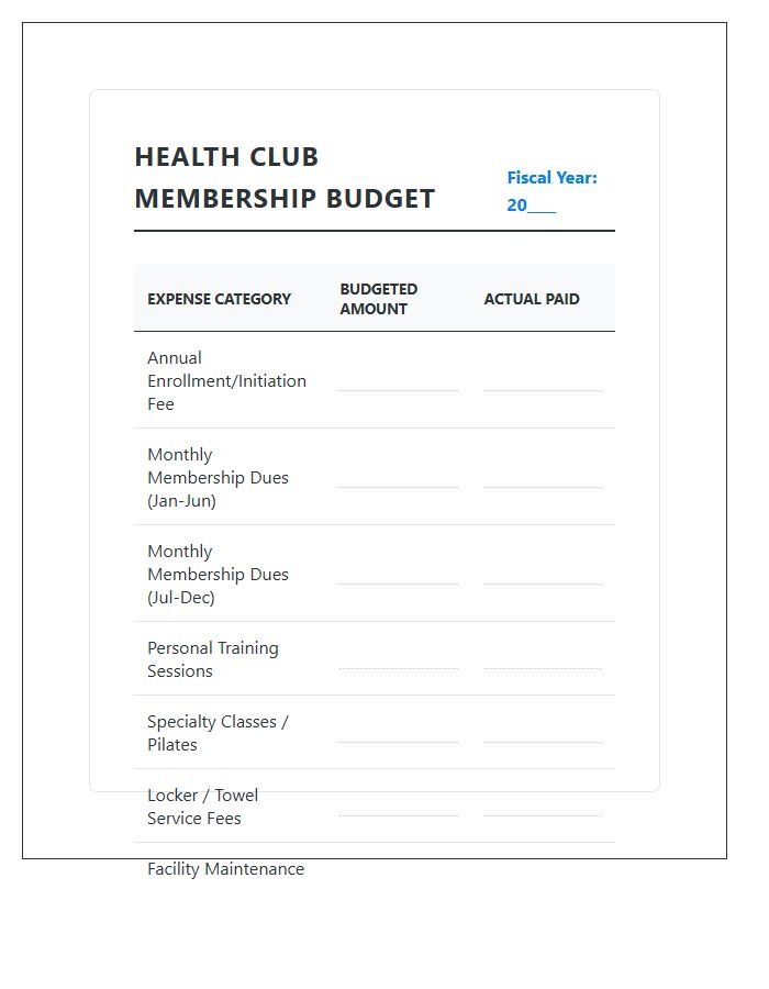 Annual Health Club Membership Fee Printable Budget Chart