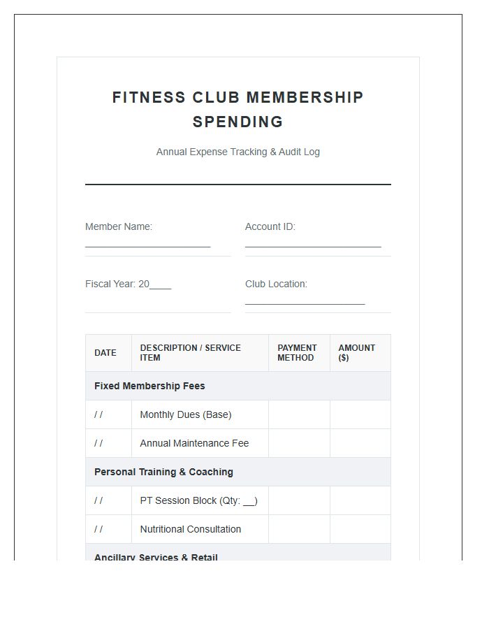 Comprehensive Fitness Club Membership Spending Printable Chart