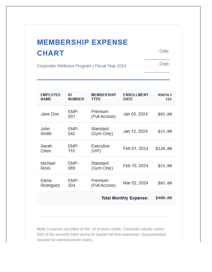 Corporate Fitness Club Membership Expense Printable Chart