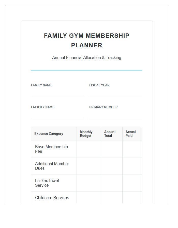 Family Gym Membership Financial Planning Printable Budget Chart