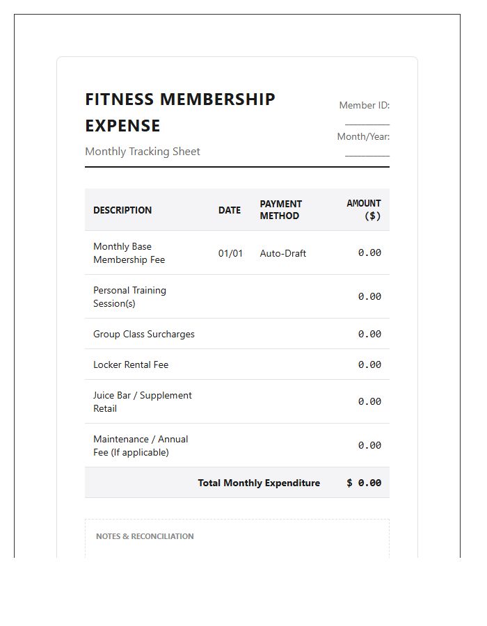 Fitness Club Membership Monthly Expense Printable Chart