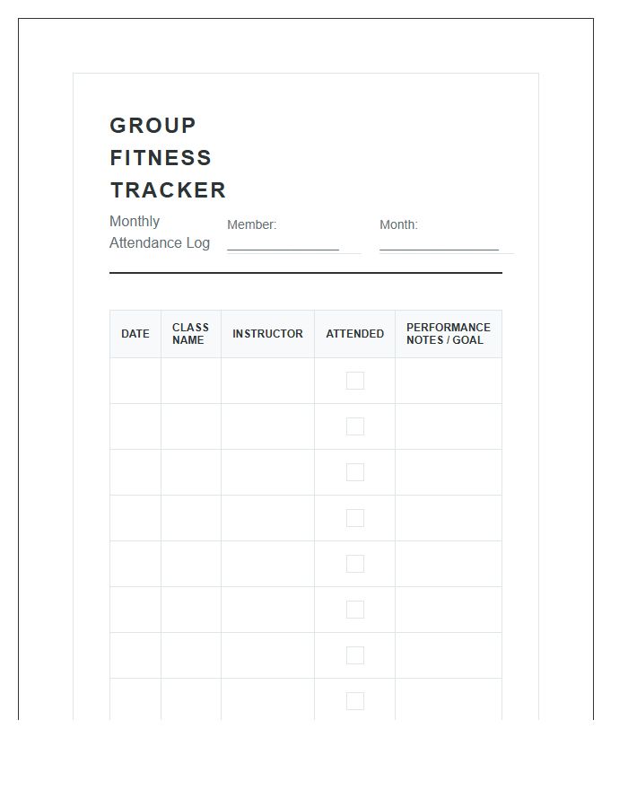 Group Fitness Class Membership Monthly Printable Chart