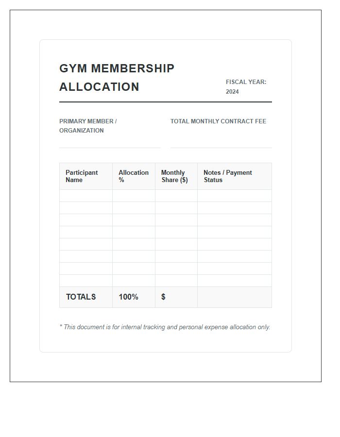 Gym Membership Cost Allocation Printable Tracking Chart