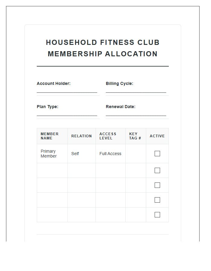 Household Fitness Club Membership Allocation Printable Chart
