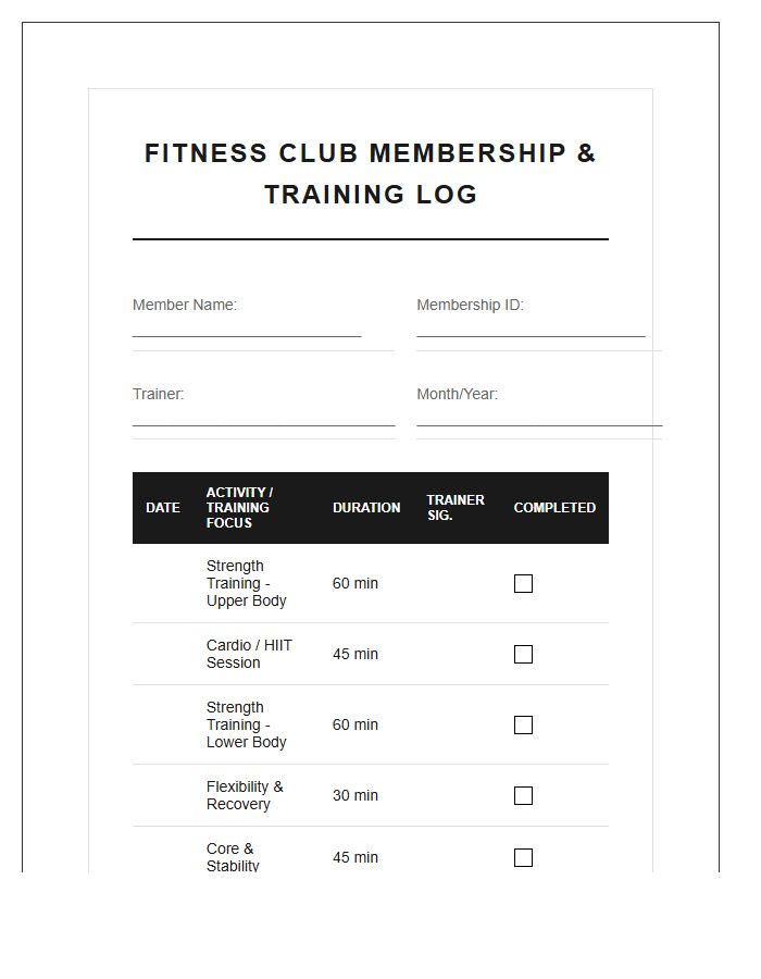 Personal Training And Fitness Club Membership Printable Chart