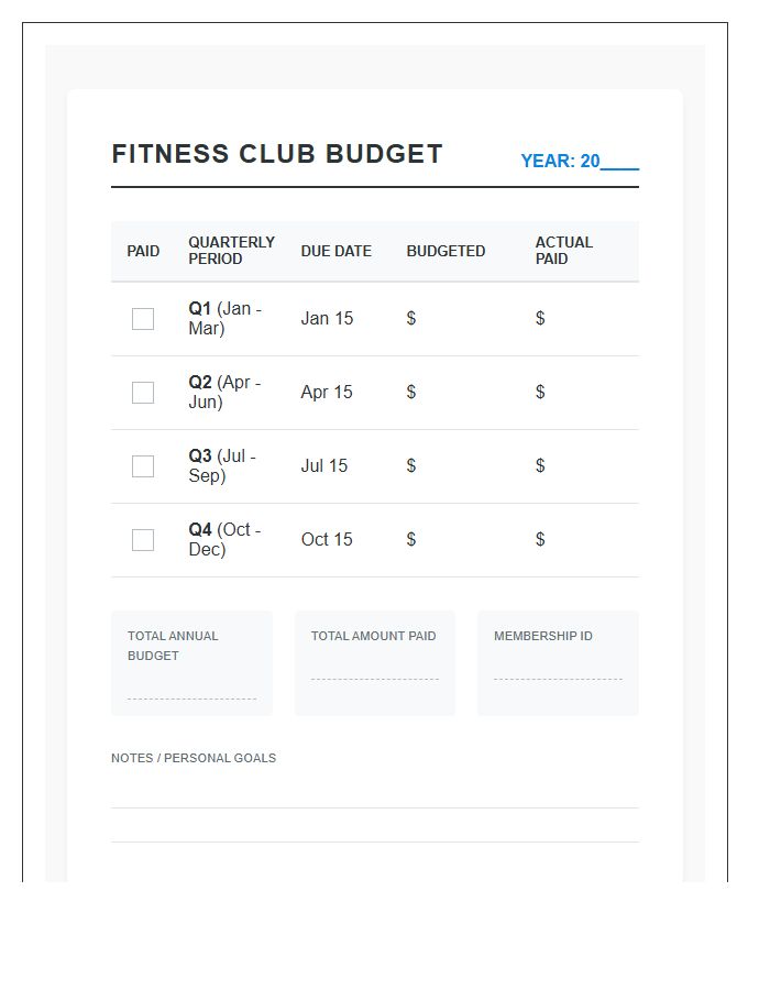 Quarterly Fitness Club Membership Payment Printable Budget Chart
