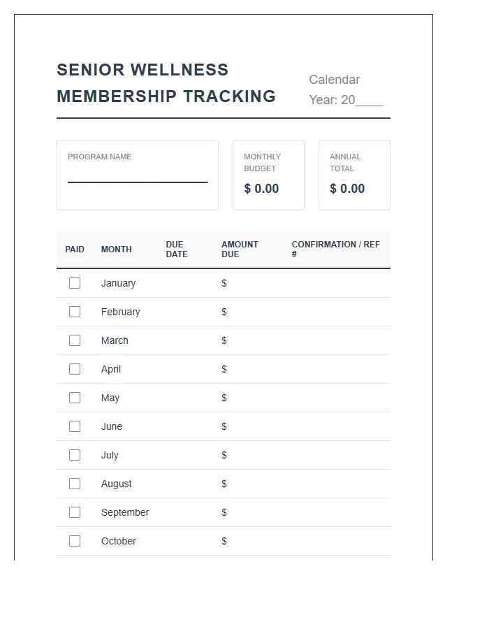 Senior Wellness Membership Fee Tracking Printable Budget Chart
