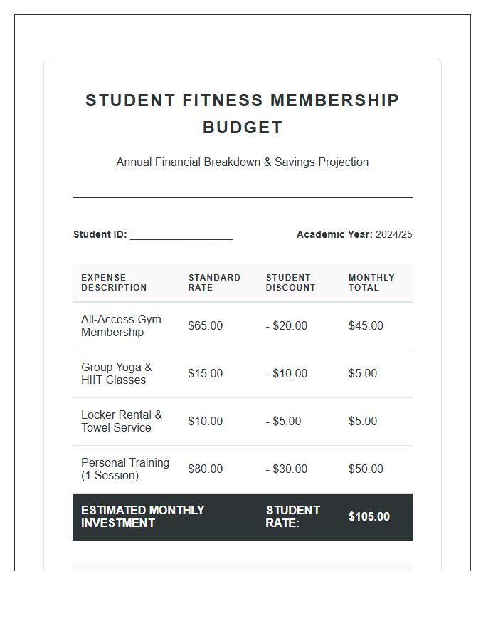 Student Fitness Club Membership Discount Printable Budget Chart