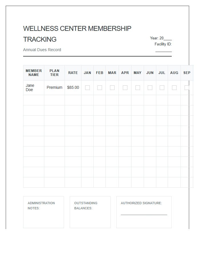 Wellness Center Membership Dues Tracking Printable Chart