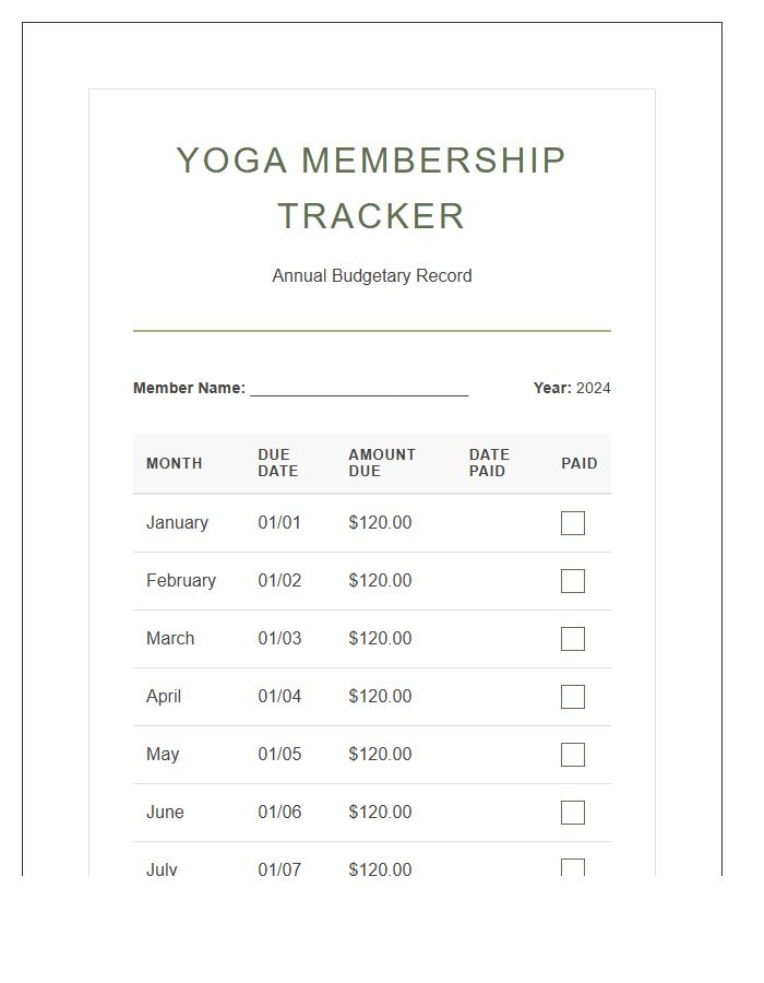 Yoga Studio Membership Monthly Payment Printable Budget Chart