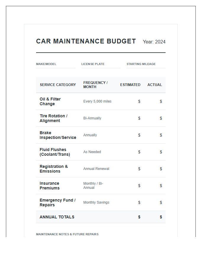 Annual Car Maintenance Printable Budget Chart