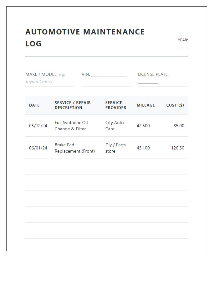 Automotive Repair Log Printable Cost Chart