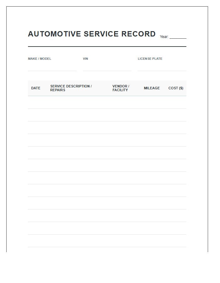 Automotive Service Record Printable Expense Chart