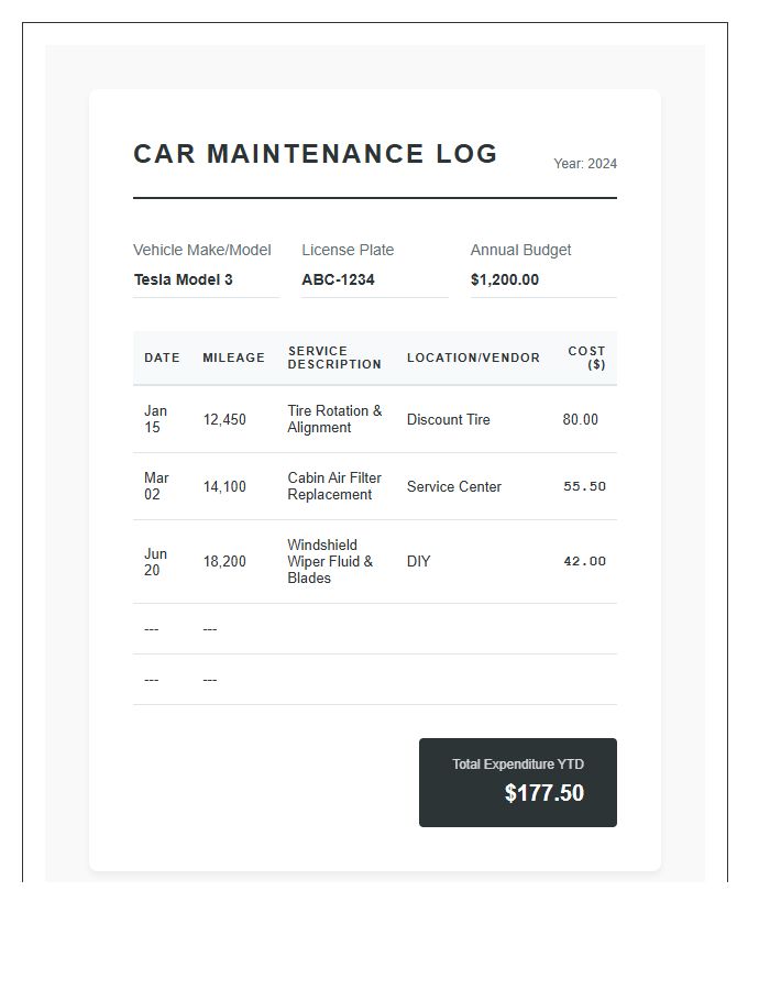 Car Maintenance Log Printable Budget Chart
