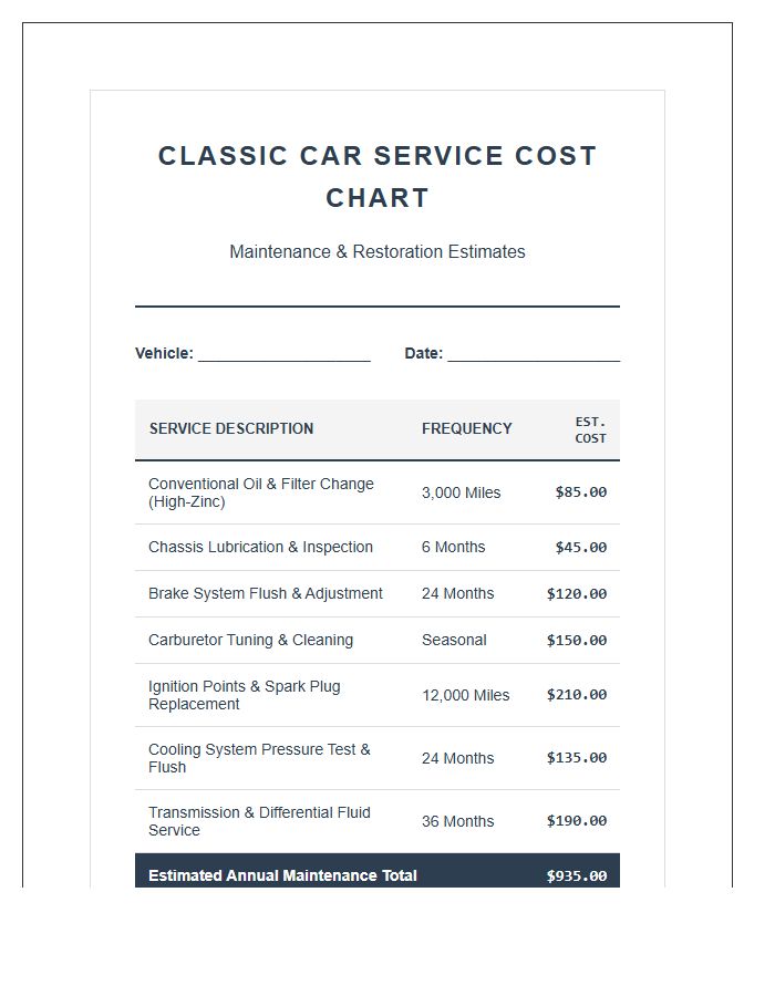 Classic Car Service Printable Cost Chart