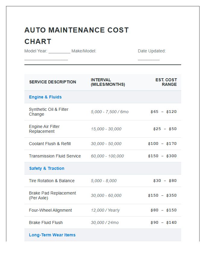 Comprehensive Auto Maintenance Printable Cost Chart