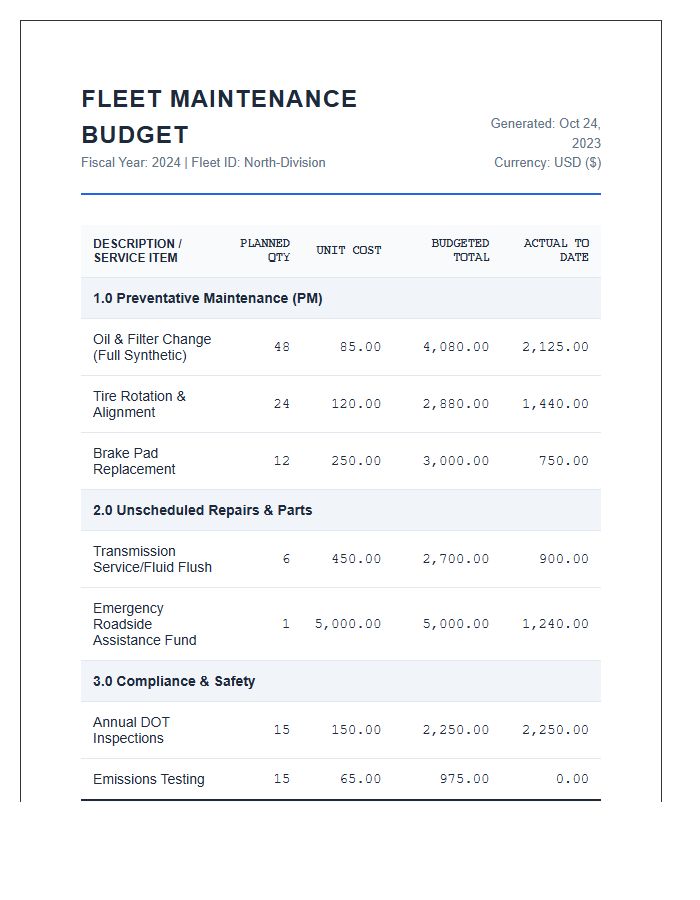 Detailed Fleet Maintenance Printable Budget Chart