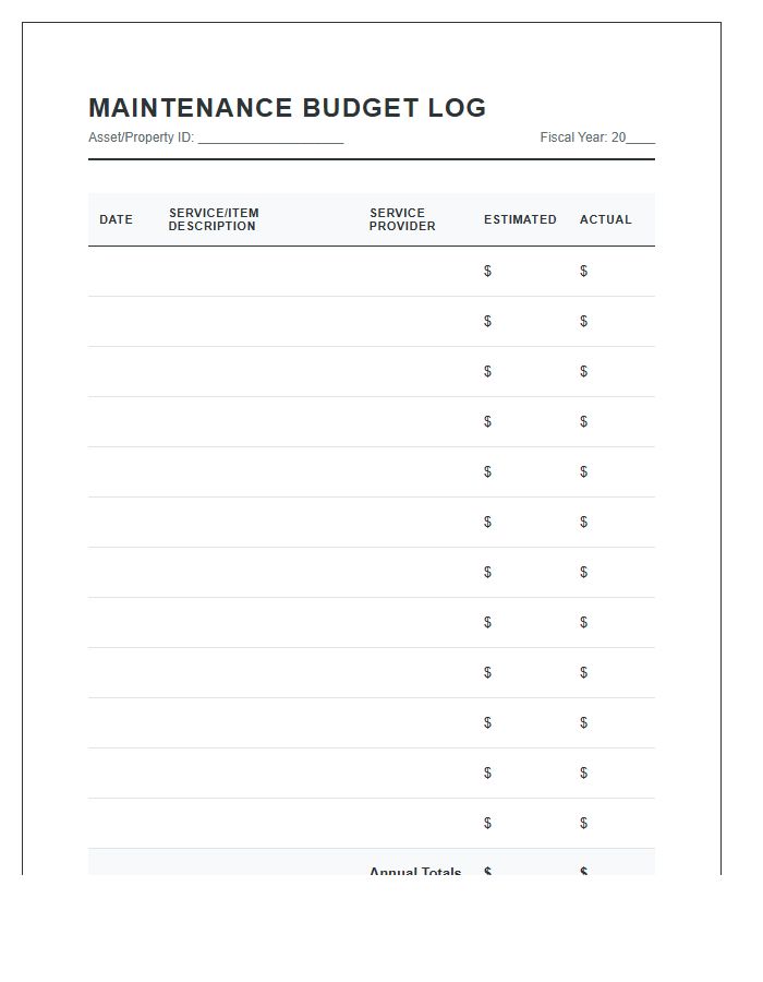 Essential Maintenance Log Printable Budget Chart