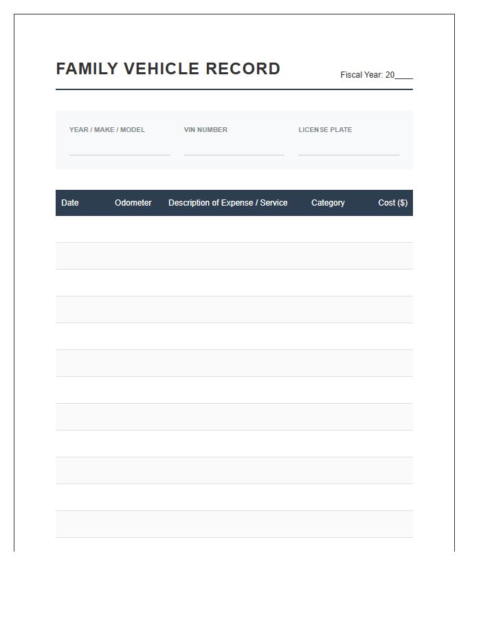 Family Vehicle Record Printable Financial Chart