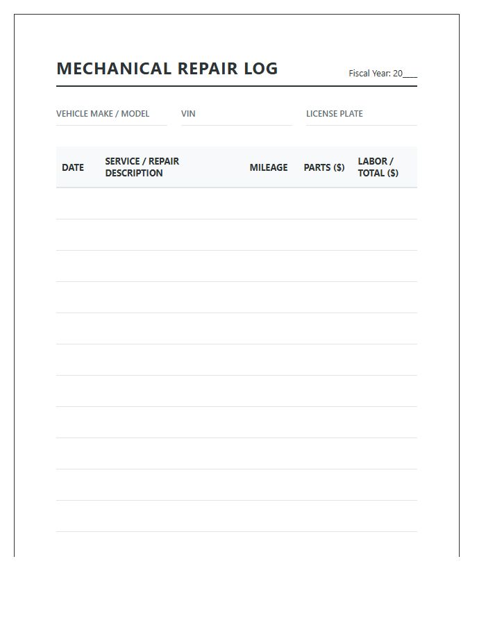 Mechanical Repair Log Printable Expense Chart