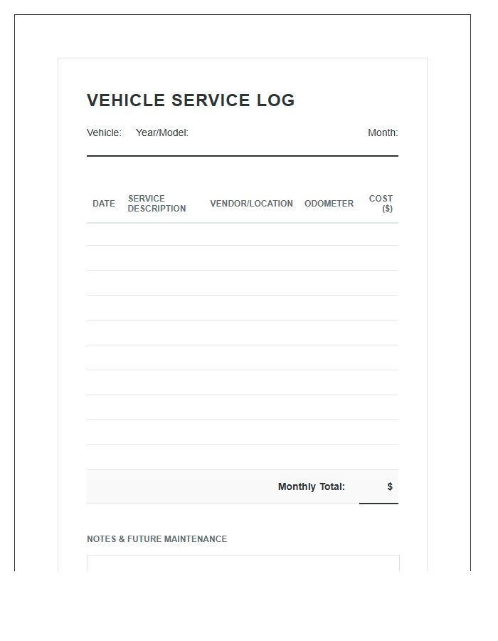 Monthly Vehicle Service Printable Spending Chart