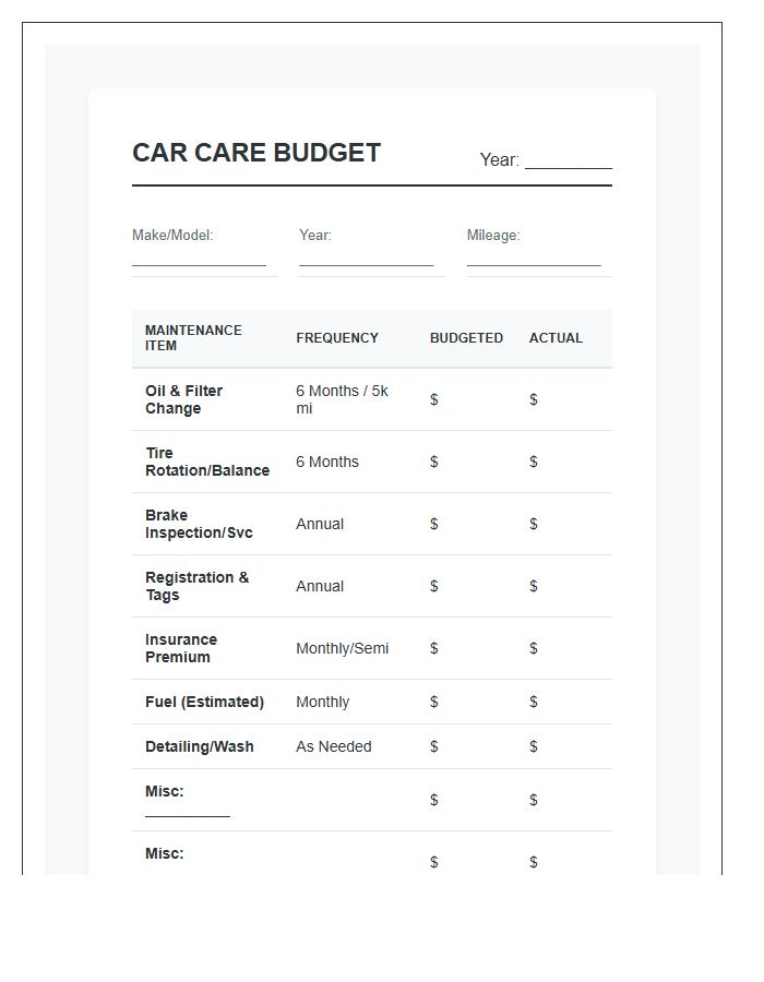 Personal Car Care Printable Budgeting Chart