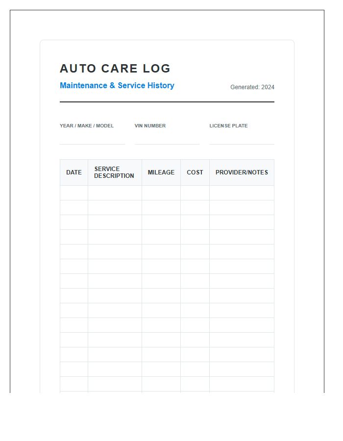Professional Auto Care Printable Record Chart