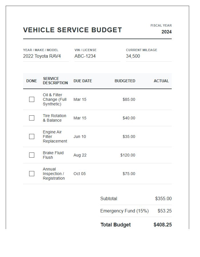 Routine Vehicle Service Printable Budget Chart