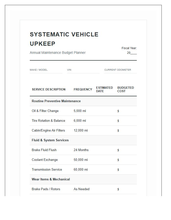 Systematic Vehicle Upkeep Printable Budget Chart